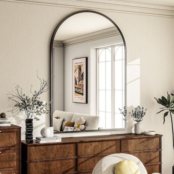 Black 32 in. W x 47 in. H Arched Modern Aluminum Alloy Framed Mirror Wall Mirror