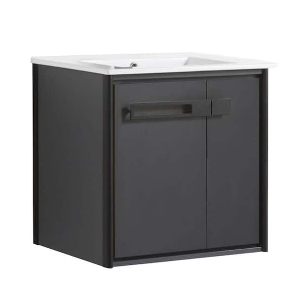 FINE FIXTURES Oakville 24 in. W x 18 in. D x 23.25 in. H Wall Mounted Bathroom Vanity in Gray with White Ceramic Sink Top