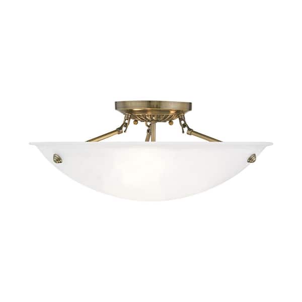 AVIANCE LIGHTING Oasis 20 in. 3-Light Antique Brass Semi Flush Mount with White Alabaster Glass
