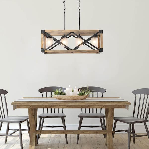Farmhouse Dining Room Chandelier 4-Light Brown Wood Kitchen Island Pendant with White Frosted Glass Raw Iron Accents