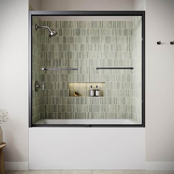 Idice 60'' x 60'' Framed Sliding Bathtub Door,CrystalTech Treated 1/4'' Glass, Matte Black Hardware