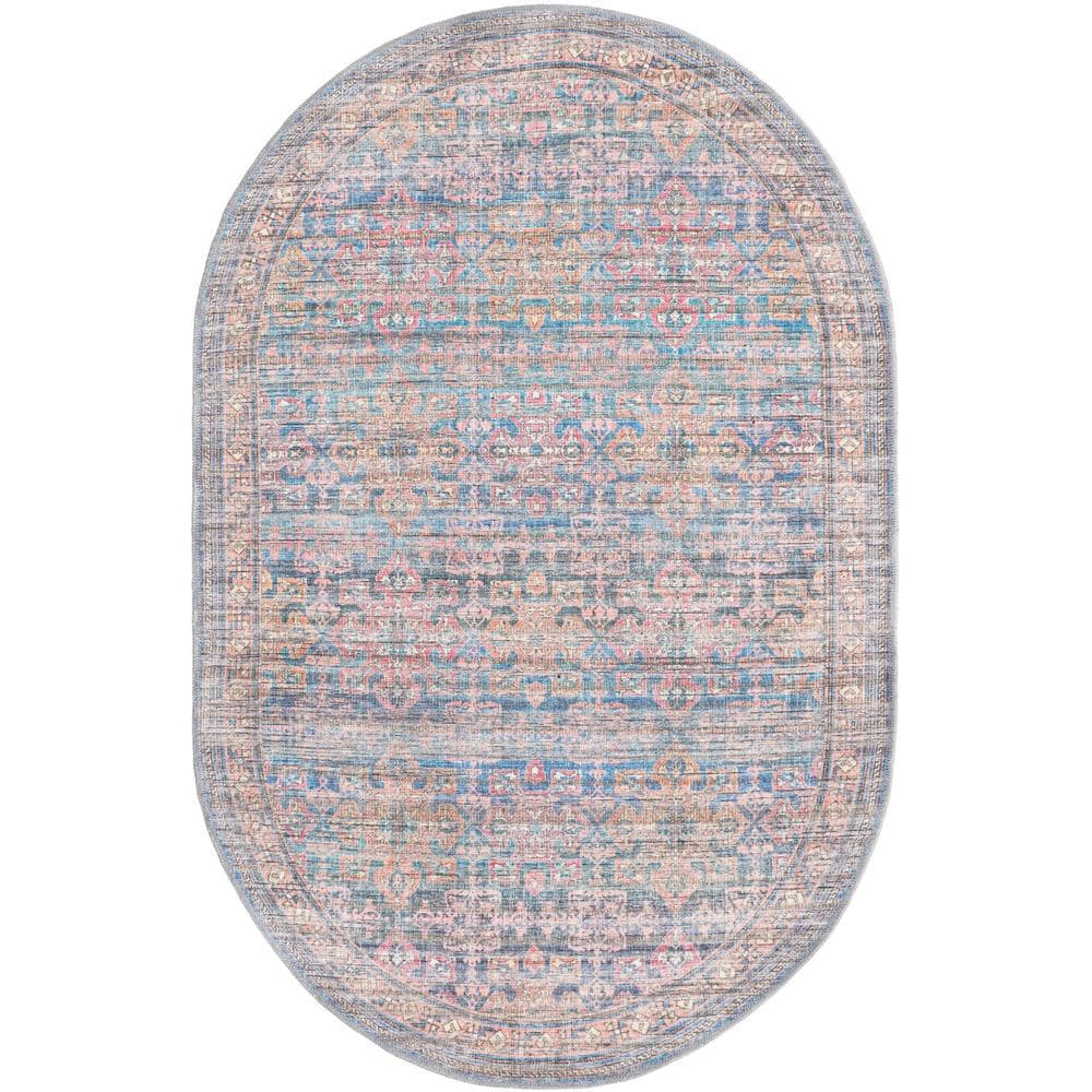 Unique Loom Nostalgia Bliss Antique Blue 4 ft. x 6 ft. Oval Machine ...