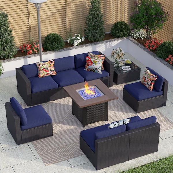 PHI VILLA Dark Brown Rattan Wicker 7 Seat 9-Piece Steel Outdoor Sectional Set with Blue Cushions, Coffee table and Square Fire Pit
