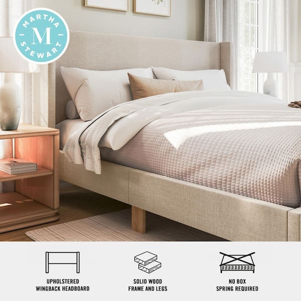 Maisie Beige Wood Frame King Platform Bed with Wingback Headboard and Cushioned Siderails, Wood Slat Foundation