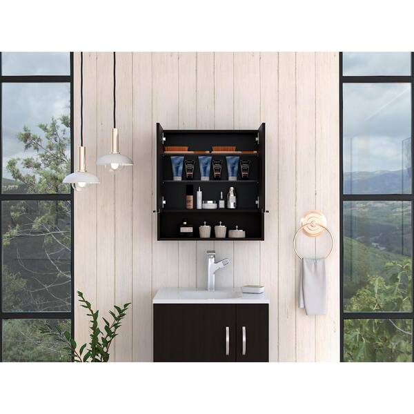 Zeus & Ruta Beige 23.6 in. W x 24.6 in. H Rectangular Particle Board Mirror Medicine Cabinet with Mirror Surface Mount Double Door