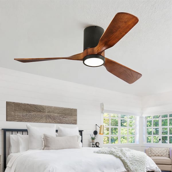 52 in. Indoor Black Hugger Flush mount Ceiling Fan with Solid Wood Blades and Full Spectrum Light and Remote Control