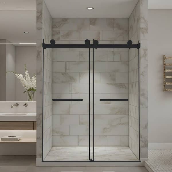 56 - 60 in W x 74 in H Dual Sliding Frameless Soft-Close Shower Door in Matte Black with (8 mm) Clear Glass