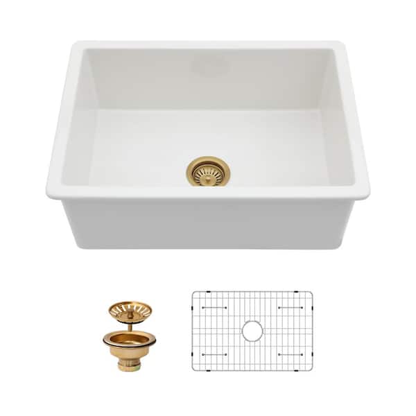 27 in. x 19 in. White Fireclay Single Bowl Undermount Ceramic Kitchen Sink with Bottom Grid and Gold Basket Strainer
