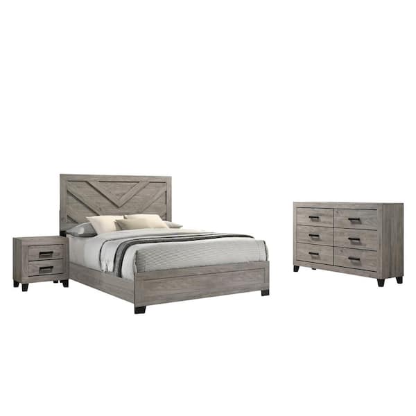 Best Quality Furniture Ararat 3-Piece Light Grey Color Wood Frame Eastern King Panel Bedroom Set