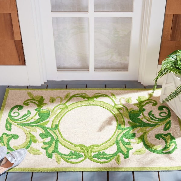 Monogram Beige/Green 3 ft. x 4 ft. "A" Leaf Swirl Indoor/Outdoor Area Rug