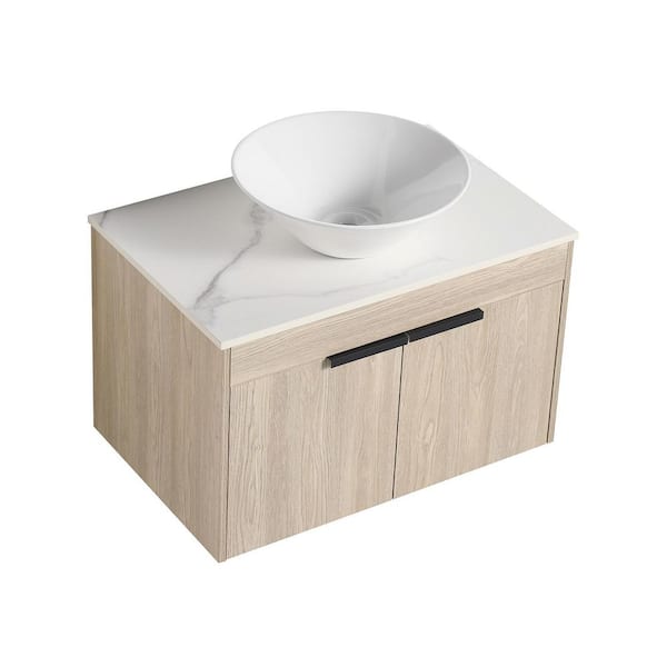 29.5 in. W Floating Wall-Mounted Bath Vanity in White Oak with White Ceramic Top
