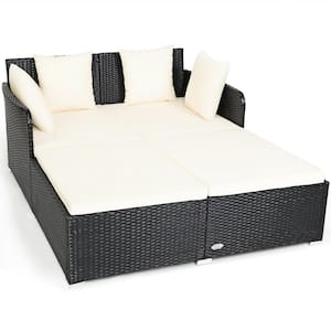 X-Shape 1-Piece Black Steel Frame Wicker Rattan Outdoor Day Bed with White 4 Pillows Beige Cushions
