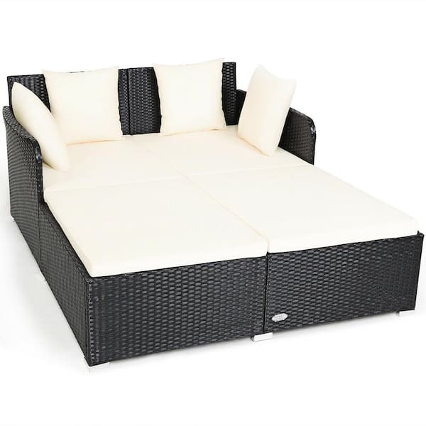 FORCLOVER X-Shape 1-Piece Black Steel Frame Wicker Rattan Outdoor Day Bed with White 4 Pillows Beige Cushions