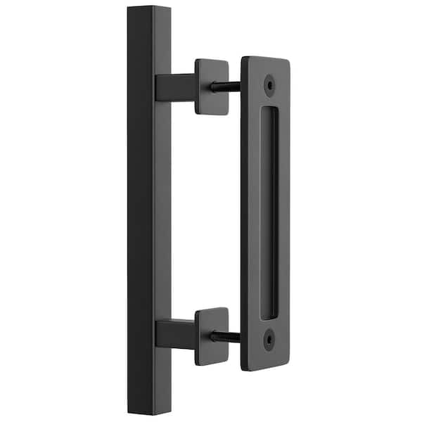 WINSOON 12 in. L Black Powder Coated Finish Pull and Flush Barn Door Handle Set, Large Rustic Two-Side Design