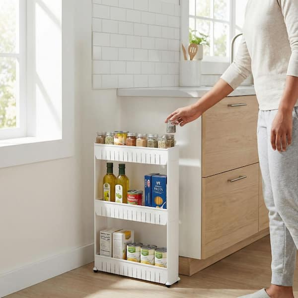 Lavish Home 3-Tier White Slim Slide Out Storage Tower with Wheels