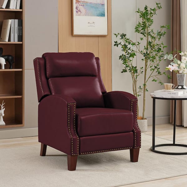 JEAREY Classic Vintage Cigar Burgundy Hand Push Leather Recliner with Nailhead Trim