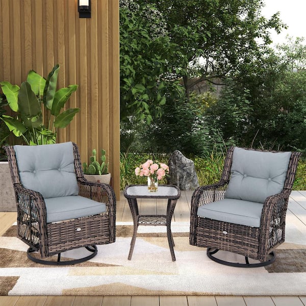 ANGELES HOME 3-Pieces Brown Outdoor Patio Conversation Set Swivel Rocking Chairs with Gray Cushions and Side Table with Shelf