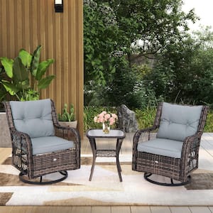 3-Pieces Brown Outdoor Patio Conversation Set Swivel Rocking Chairs with Gray Cushions and Side Table with Shelf