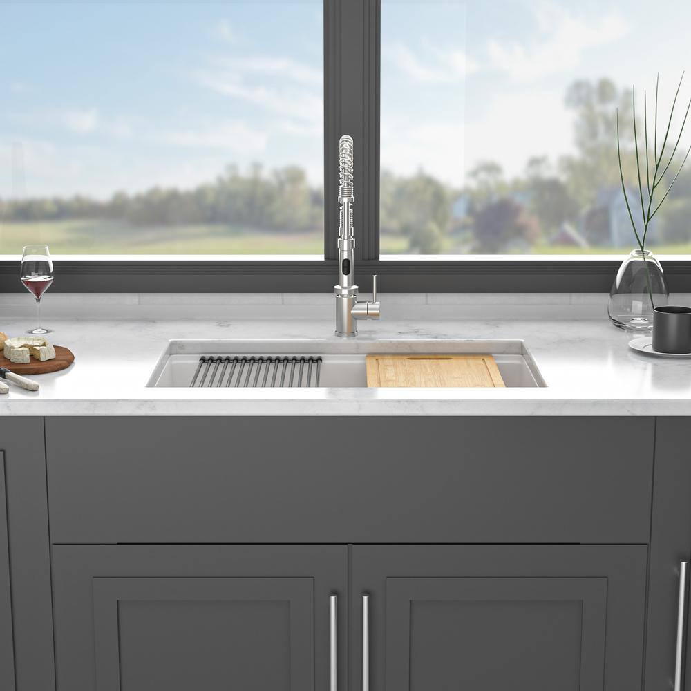 33 in. White Quartz Undermount Single Bowl Workstation Sink