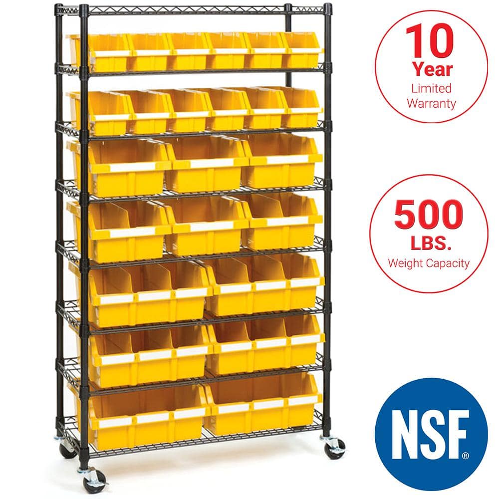63.5" Black Steel 8-Tier Storage Rack with Yellow Bins