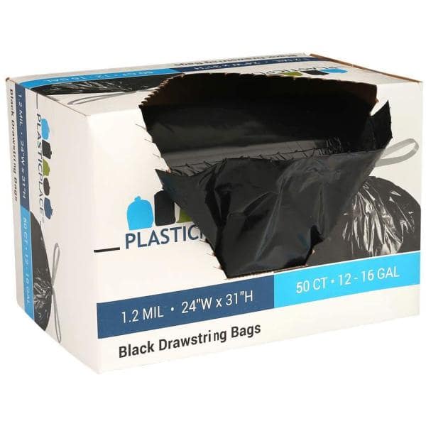 Plasticplace 24 in. W x 31 in. H 13 Gal. 1.2 mil Black Flat Seal Low  Density Drawstring Bags (50-Pack) W13DSBKJR - The Home Depot