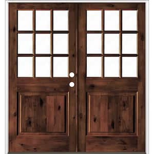 72 in. x 80 in. Craftsman Knotty Alder Wood Clear 9-Lite Red Mahogony Stain Left Active Double Prehung Front Door