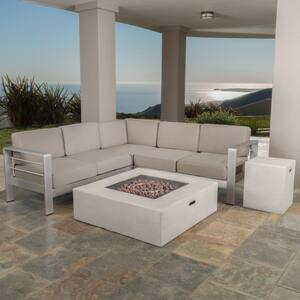 Cape Coral Khaki 5-Piece Aluminum Outdoor Sectional Set with Khaki Cushions