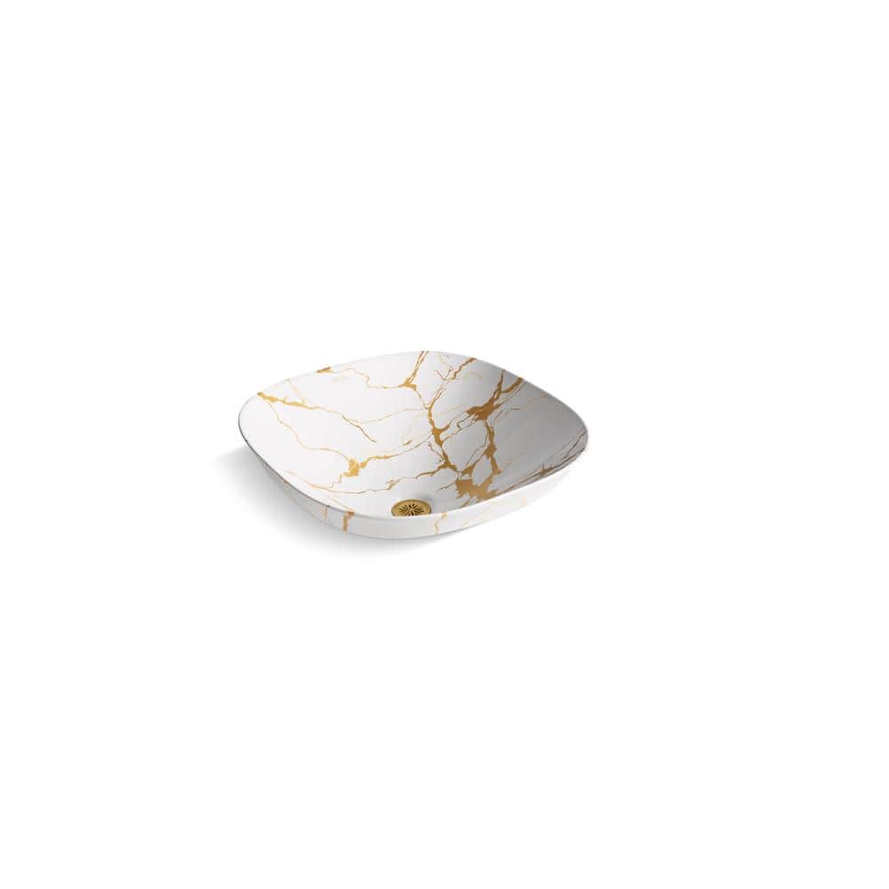 White and Gold Ceramic Square Vessel Bathroom Sink