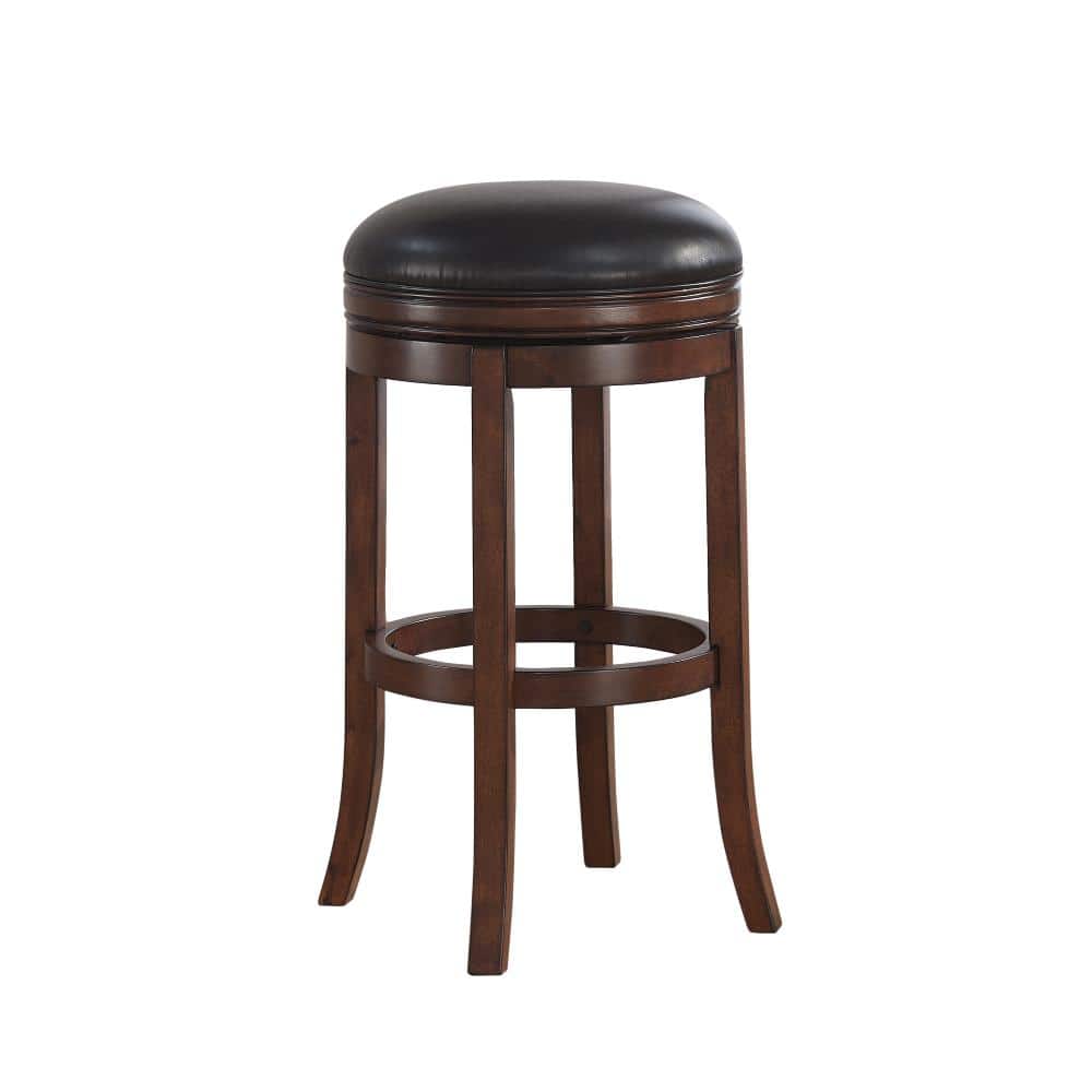 Transitional Brown Wood and Leather Swivel Bar Stool
