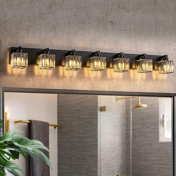 Orillia 51.2 in. 7-Light Black Bathroom Vanity Light with Crystal Shades