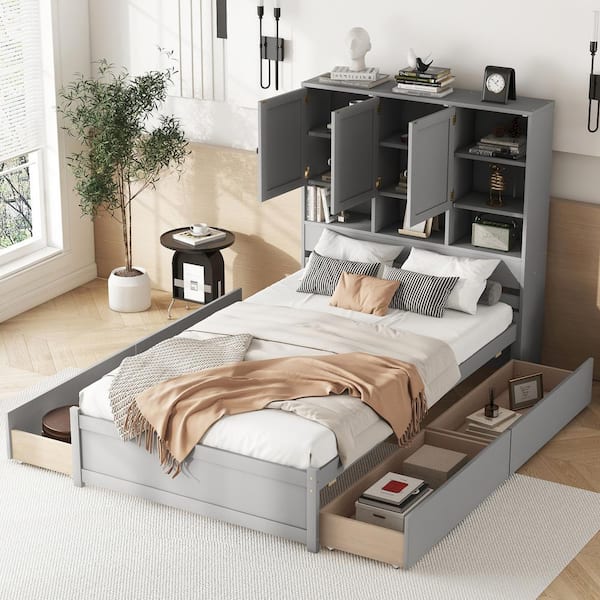 Harper & Bright Designs Gray Wood Frame Full Size Platform Bed with Cabinets, Shelves, and 4 Drawers