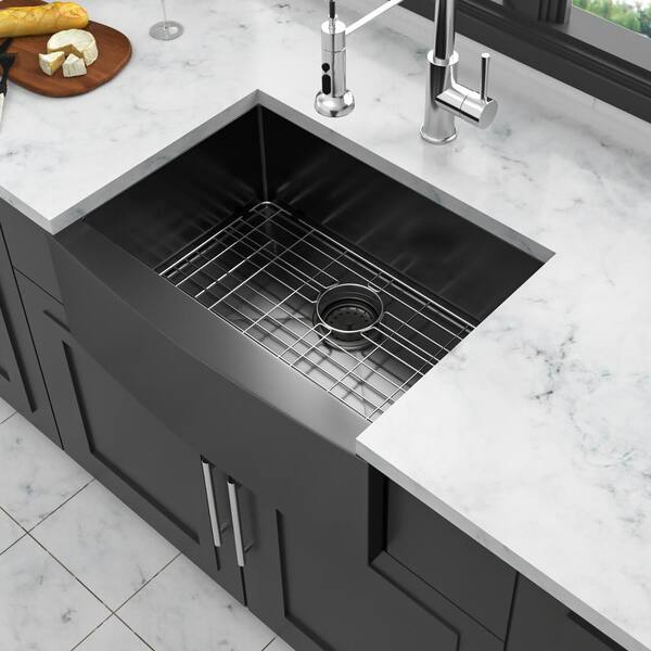 Coporesell 24 in. Farmhouse Single Bowl 16-Gauge Gunmetal Black Stainless Steel Kitchen Sink with Bottom Grids