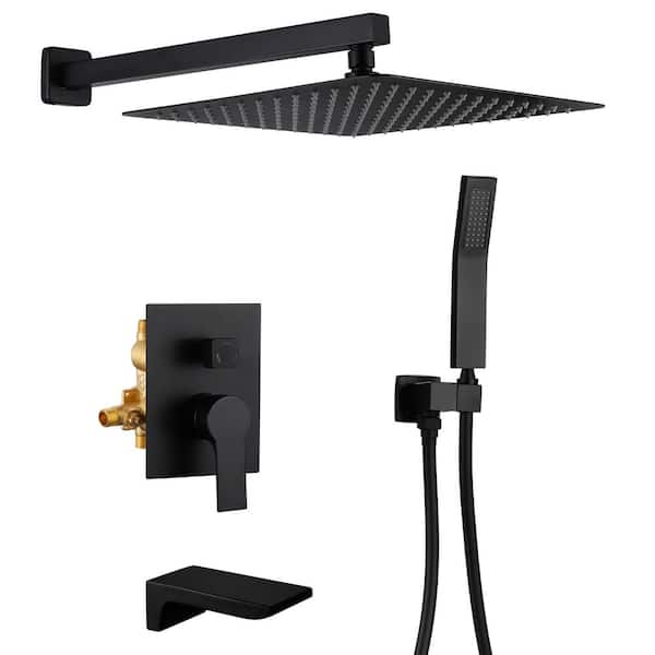 Zalerock Single-Handle 1-Spray Patterns 12 in. Wall Mount Square Shower Faucet Waterfall in Black (Valve Included)