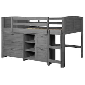 Antique Grey Twin Louver Low Loft Bed with 3 and 2-Drawer Chests