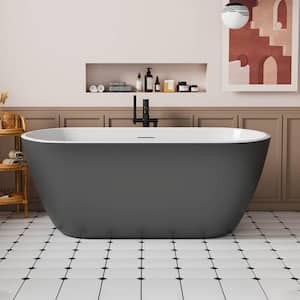 MUTE 59 in. Oval Acrylic Flatbottom Freestanding Soaking Non-Whirlpool Bathtub in Gary Included Center Drain