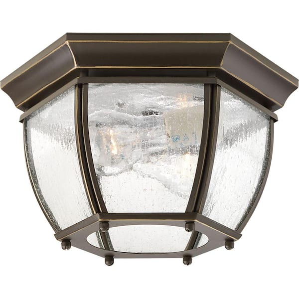 Progress Lighting Roman Coach Collection 2-Light Antique Bronze Clear Seeded Glass Traditional Outdoor Close-to-Ceiling Light