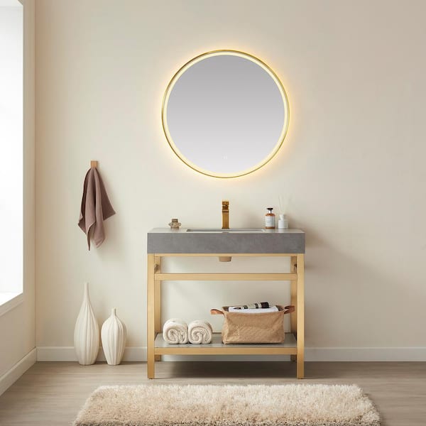 ROSWELL Funes 36 in. W x 22 in. D x 33.9 in. H Single Sink Bath Vanity in Brushed Gold with Grey Natural Sintered Stone Top