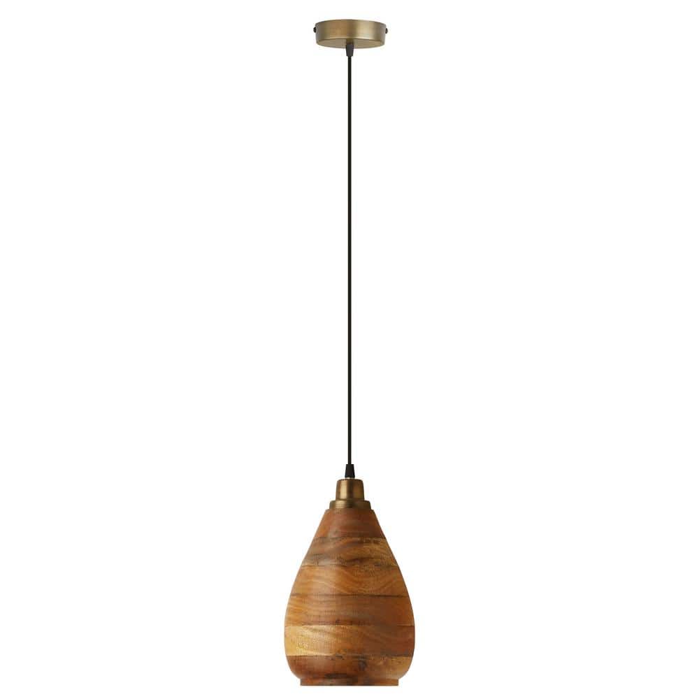 River of Goods Nancy 1-Light Gold and Brown Hanging Shaded Pendant Light  with Mango Wood Teardrop-Shaped Shade 20863 The Home Depot