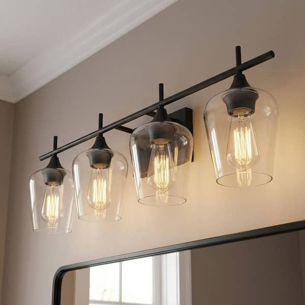 Octave 28.75 in. W x 9 in. H 4-Light Black Bathroom Vanity Light with Clear Glass Shades