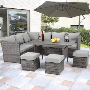 7-Pieces Patio Gray Wicker Furniture Dining Set with Gray Cushions