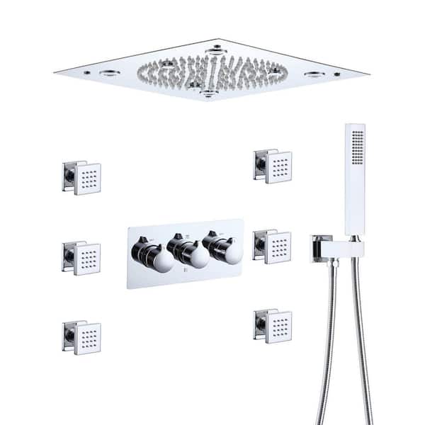 3-Spray Shower System 12 in. LED Dual Shower Head Ceiling Mount Fixed Handheld Shower Head 1.5 GPM with 6 Jets in Chrome