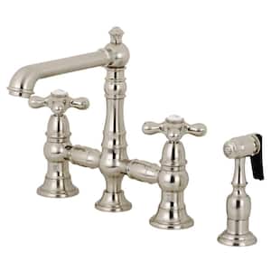 English Country 2-Handle Bridge Kitchen Faucet with Side Sprayer in Brushed Nickel