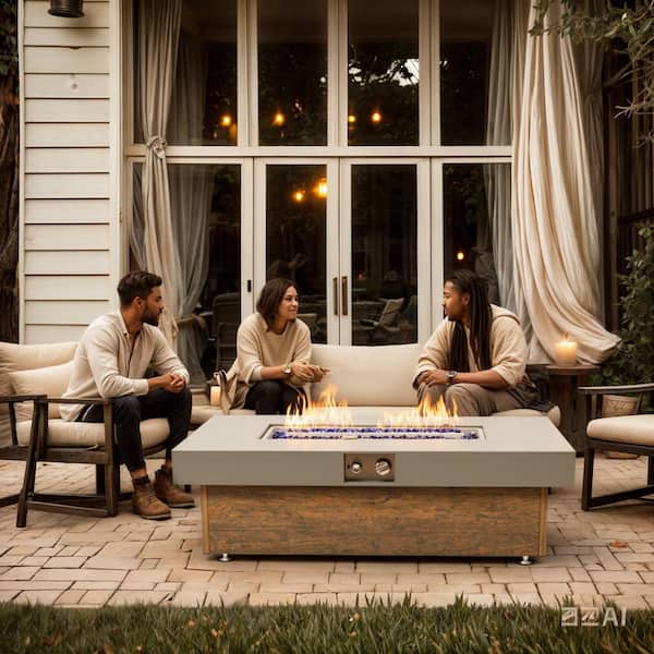 48 in. Propane Nature Iron Outdoor Fire Pit Table with Wood Grain Top, Stainless Steel Burner, Waterproof Cover