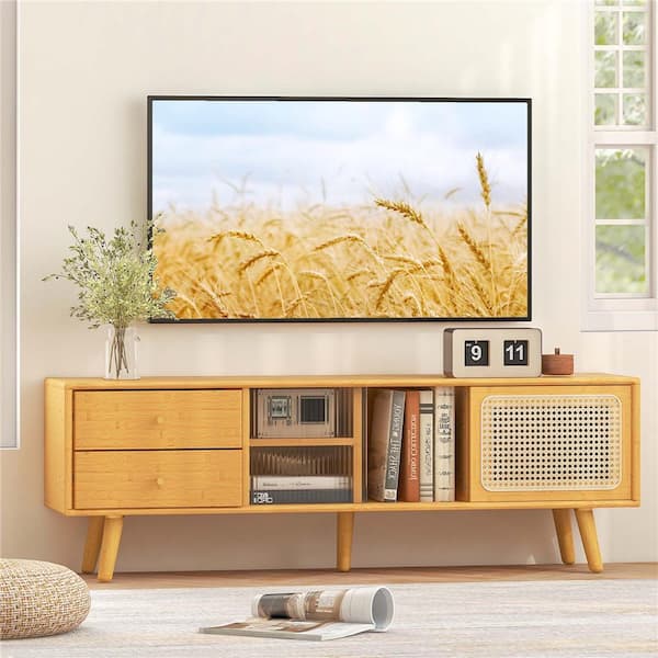 Beige TV Stand Entertainment Center Fits TV's up to 65 in. with PE Rattan Door and 2 Drawers