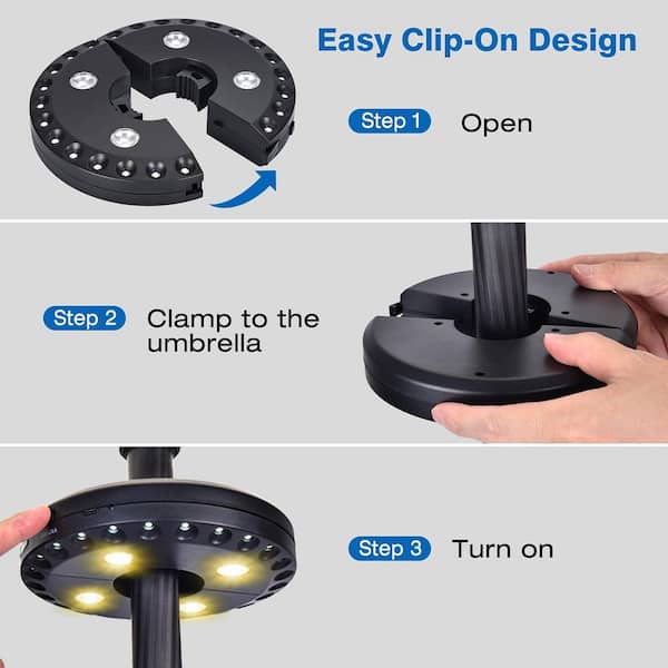 light clamps for patio umbrella AMMSUN Heavy Duty Upgraded Steel Clamp 360 Degree rotat or flagpoles without taking up any deck space LED Outdoor Umbrella Clamp Light