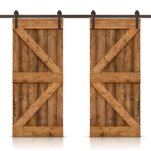 CALHOME 76 in. x 84 in. K Series Walnut Stained DIY Solid Knotty Pine Wood Interior Double Sliding Barn Door With Hardware Kit