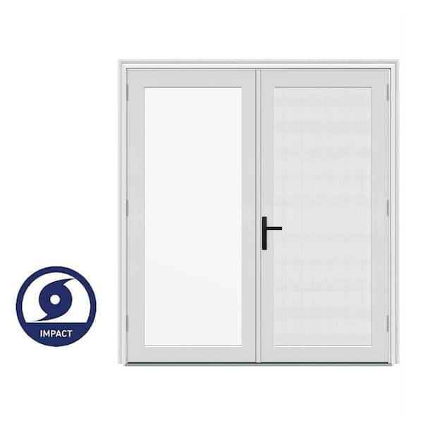 72 in. x 80 in. F4500 Left-Hand/Outswing White Fiberglass French Patio Door w/Low-E Impact Glass,Black Handle and Screen