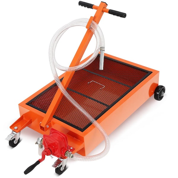 15 Gallon Orange Heavy Duty Low Profile Manual Oil Drain Pan Cart with Hose and Folding Handle