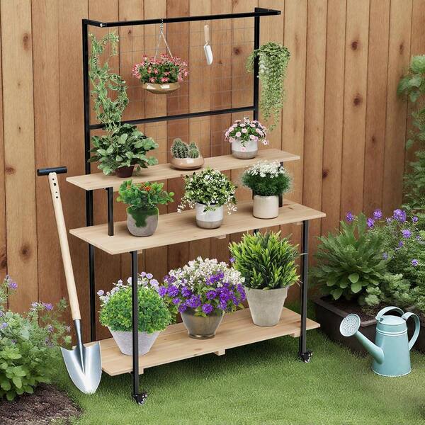 3-Tier Black Iron Natural Fir Wood Plant Stand with Wheels