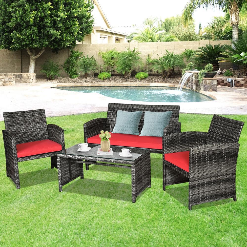 Red Cushioned Black Wicker 4-Piece Patio Furniture Set